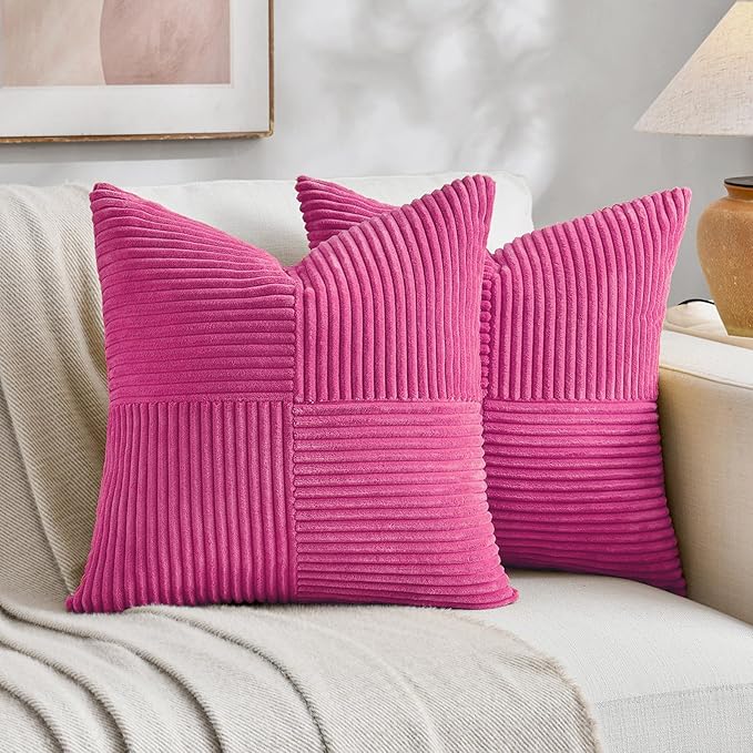 Fancy Homi Hot Pink Decorative Throw Pillow Covers 18x18 Inch for Living Room Couch Bed Sofa, Rustic Farmhouse Boho Home Decor, Soft Corss Corduroy Patchwork Textured Cushion Case 45x45 cm