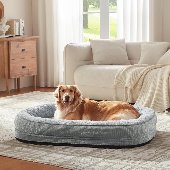 JOEJOY Orthopedic Dog Bed for Extra Large Dogs, XXL Egg-Crate Memory Foam Pet Bed with Bolster Sides, Waterproof Lining, Removable Washable Cover & Non-Slip Bottom, Light Grey