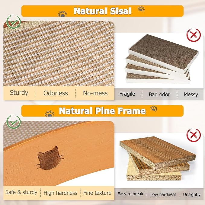 3 in 1 Sisal Cat Scratcher Bed, Solid Pine Cat Scratcher with Balls (Wood) | Extra Large Cat Scratching Post with Hammock, Cat Scratcher for Scratch & Play & Rest, Cat Furniture for Indoor Cats, Kitten