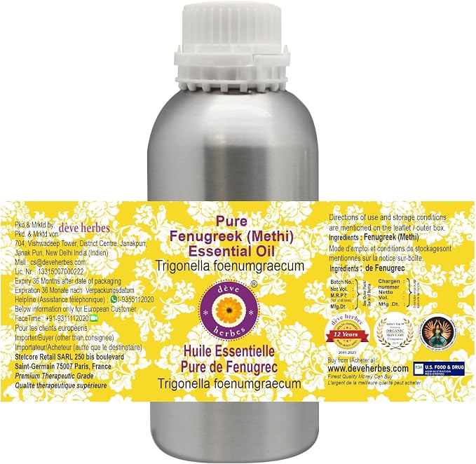 Deve Herbes Pure Fenugreek (Methi) Essential Oil (Trigonella foenumgraecum) Steam Distilled 1250ml (42 oz)