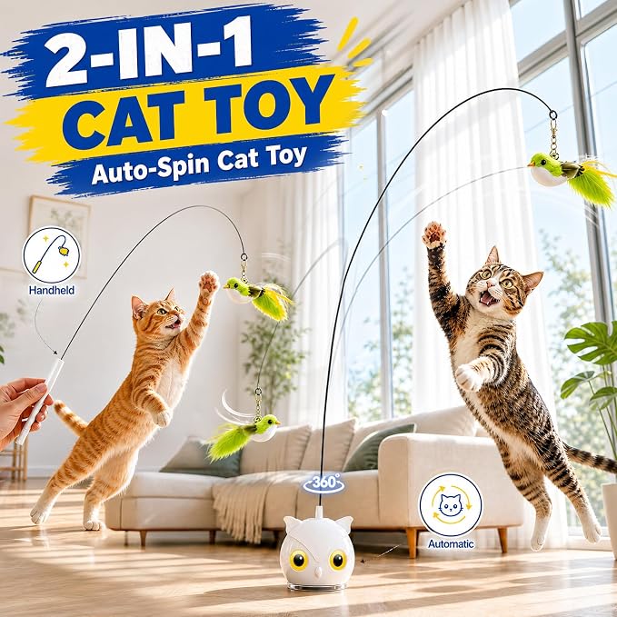 CATPICK Interactive Cat Toy for Indoor Cats, Automatic Flying Bird Toy | Rechargeable 360-degree flying bird wand with 2 speeds, touch restart, 10-minute play cycle, and washable sticky base