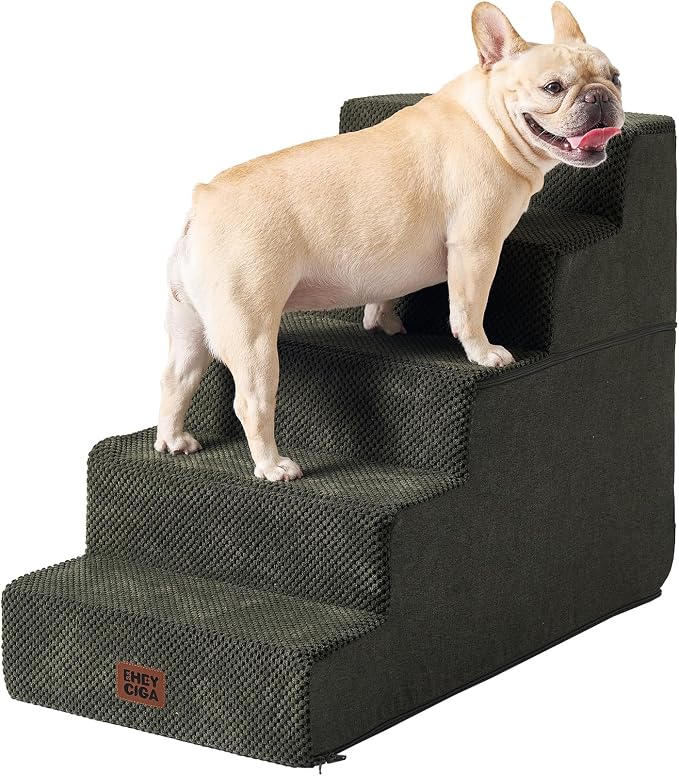 EHEYCIGA Dog Stairs for High Bed 22.5" H, 5-Step Extra Wide Dog Steps for Bed, Pet Steps for Small Dogs and Cats, Non-Slip Balanced Pet Ramp Indoor, Military Green