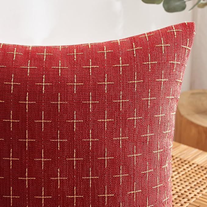 MIULEE Pack of 2 Christmas Decorative Burlap Linen Throw Pillow Covers Modern Farmhouse Pillowcase Rustic Woven Textured Cushion Cover for Sofa Couch Bed 18x18 Inch Christmas Red