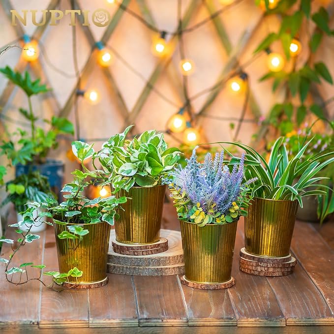 NUPTIO Gold Galvanized Vases for Centerpiece, 5" Small Ribbed Vase, 12 Pcs | Rustic Metal Planter Pots, for Flowers, Wedding, Table, Home, Decor