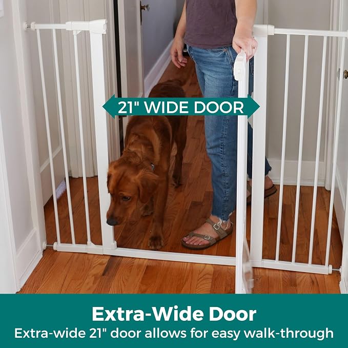 MYPET Extra Tall & Wide Petgate Passage - Metal Pressure Mount Gate with Small Pet Door; 29.75"-52" Wide with Extensions 42" Tall in White
