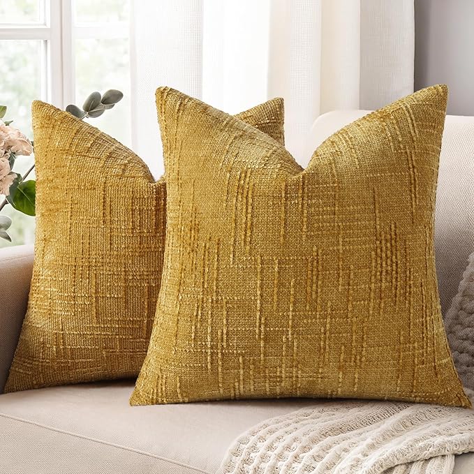 decorUhome Textured Chenille Throw Pillow Covers 20x20 Set of 2 Yellow | Fall Modern Farmhouse Soft Cozy Slubby Couch Pillow Cases Boho Decorative Pillow Cases for Bed Sofa Living Room Home Decor