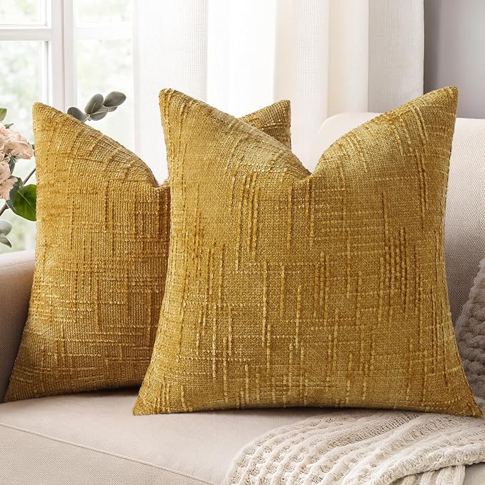 decorUhome Textured Chenille Throw Pillow Covers 22x22 Set of 2 Yellow | Fall Modern Farmhouse Soft Cozy Slubby Couch Pillow Cases Boho Decorative Pillow Cases for Bed Sofa Living Room Home Decor