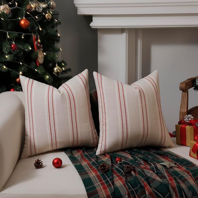 Hckot Christmas Pillow Covers 24x24 Set of 2 Xmas Decorative Pillows Red | Textured Striped, Xmas Decorations, Winter Holiday Decorative Pillow Covers, Sofa Living Room Farmhouse Decor