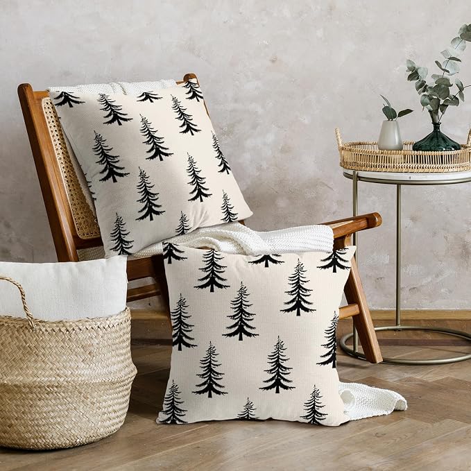 Christmas Pillow Covers 18X18 Inch Set of 2 Rustic Black White Xmas Tree Decorative Pillow Cases Winter Holiday Cotton Linen Cushion Case Farmhouse Home Decor for Sofa Couch Bedroom