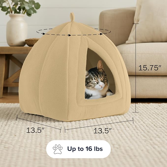 Cat House - Indoor Bed with Removable Foam Cushion - Pet Tent for Puppies, Rabbits, Guinea Pigs, Hedgehogs, and Other Small Animals by PETMAKER (Tan) | Plush Cat Tent Bed for Small Kittens, Rabbits, Guinea Pigs, and Other Small Animals, Comfortable Coz...