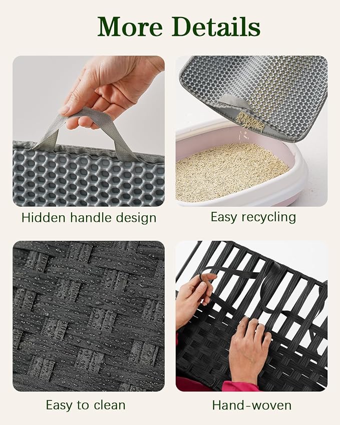 SETVSON Cat Litter Box Enclosure Furniture, Hidden PE Rattan, Black | Large Double-Door PE Rattan Kitty House, Fits Large Covered Litter Boxes, 2 Litter Mats, 2 S-Hooks, Metal Frame