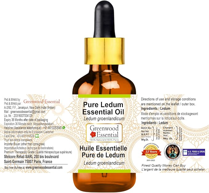 Greenwood Essential Ledum Essential Oil (Ledum groenlandicum) with Glass Dropper | Pure | Non-Sticky | Non-Greasy | Lightweight | Men & Women | All Skin Types | Steam Distilled 5ml (0.16 oz)