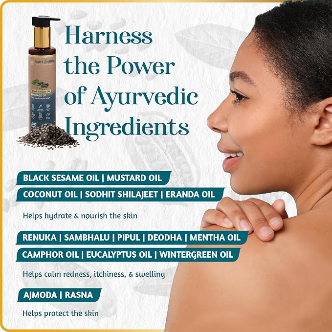 Black Sesame Seed Oil - Body Massage Oil Warmer with Cold-Pressed Black Seed Oil, Ayurvedic Herbs - Body Massage Oil for Massage Therapy - Roots and Herbs, 6.76 oz