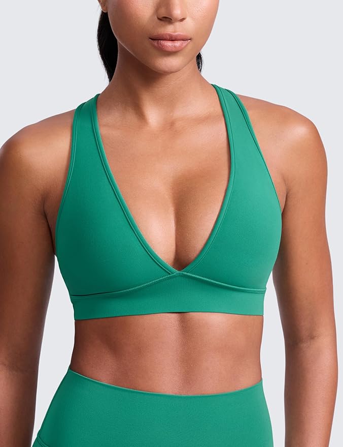 CRZ YOGA Butterlift Deep V Neck Sports Bras for Women - Padded Gym Wide Straps Cut-Out Cross Back Crop Pilates Workout Top