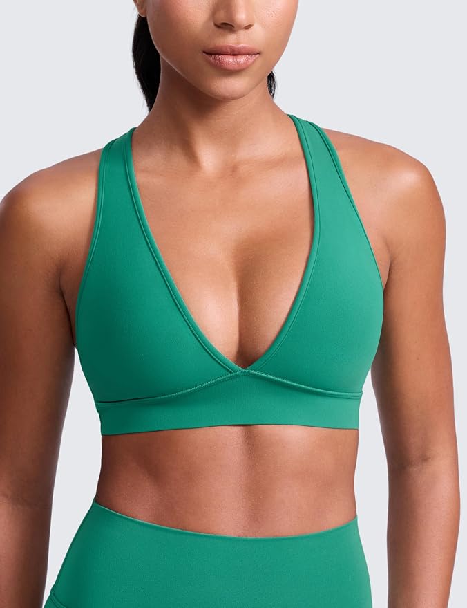 CRZ YOGA Butterlift Deep V Neck Sports Bras for Women - Padded Gym Wide Straps Cut-Out Cross Back Crop Pilates Workout Top