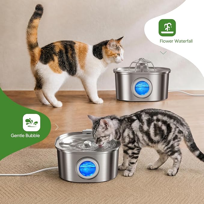 PEKTACO Cat Water Fountain, 3.2L Stainless Steel Pet Fountain, 6 Filters | 108oz capacity, LED water level window, ultra-quiet pump, dishwasher-safe tray, BPA-free, for cats and small dogs