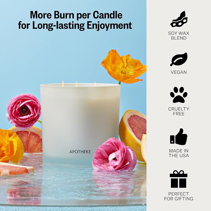 Apotheke 3-Wick Scented Candles for Home, Sea Salt Grapefruit - 26 oz Soy Wax Jar Candle Gift for Women - Long-Lasting Fragrance with Perfume-Grade Essential Oils - Pepper, Dew Drops & Tarragon