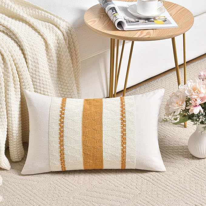 Fancy Homi Set of 2 Mustard Yellow Fall Lumbar Decorative Throw Pillow Cover 12x20 Inch for Couch Bed Sofa, Autumn Halloween Thanksgiving Home Decor, Soft Cotton Cushion Case
