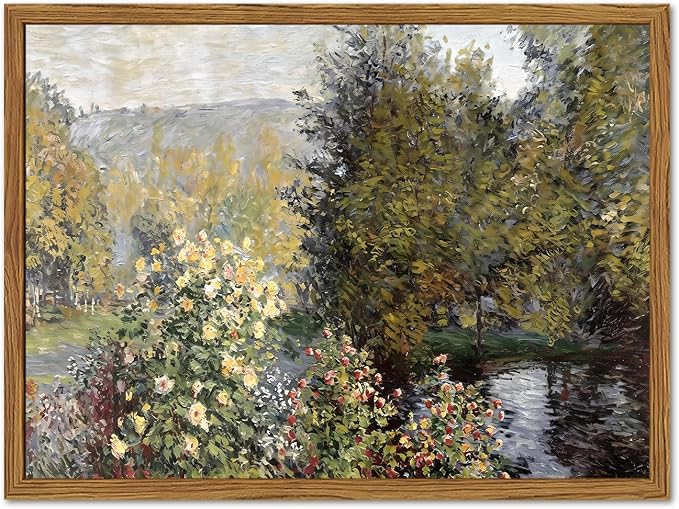 Framed Vintage Floral Landscape Wall Art, Cottagecore Monet Flower Pictures Wall Decor, Rustic Nature Paintings Canvas Prints Aesthetic Home Decor for Living Room Bedroom Bathroom 12x16 inch