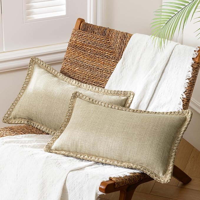 Phantoscope Pack of 2 Farmhouse Decorative Solid Throw Decorative Pillow Cover Burlap Linen Trimmed Tailored Edges, Oatmeal 12 x 20 inches 30 x 50 cm