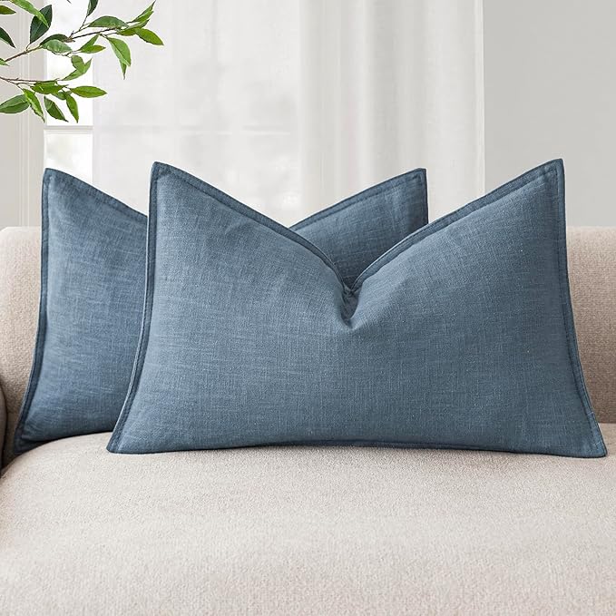 Foindtower Pack of 2, Decorative Linen Solid Throw Pillow Covers Soft Accent Lumbar Cushion Case Farmhouse Pillowcase for Chair Couch Sofa Bedroom Living Room Home Decor 12 x 20 Inch Misty Blue