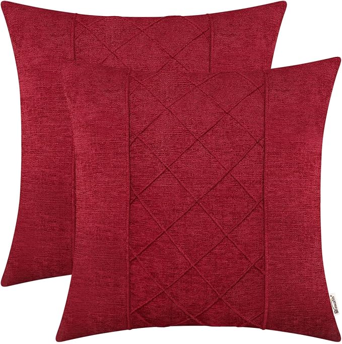 BRAWARM Chenille Throw Pillow Covers 18x18 Inches, Red, 2 Pack | Decorative Pleated Pillow Covers, Soft Cushion Cases for Sofa Bed Living Room Home Farmhouse (No Insert)