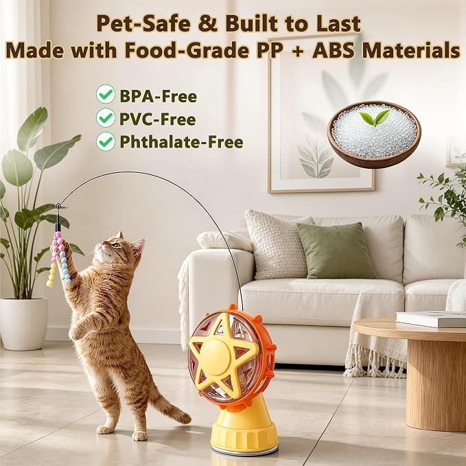 Cat Toys for Indoor Cats，Interactive Cat Toy Kitten Toys Enrichment with Adjustable Cat Food Dispenser, Slow Feeder Puzzle Removable Teaser Wand Toy for Bored Indoor Adult Cats (Orange)