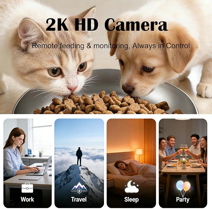 Automatic Cat Feeder with 2K Camera: Cat Food Dispenser with 6L Capacity, Container for Multiple Pet; Automatic Dog Feeder with Night Vision Support 5/2.4GHz & 2-Way Audio, Anti-Jam Design (Black)