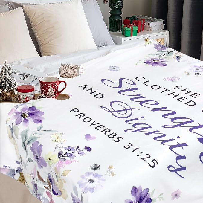 Christian Gifts Blanket Birthday Gifts for Women Throw 50"x60" | Religious Inspirational Birthday Gifts for Women, Strength & Dignity Encouraging Bible Verse Proverb Throw Blanket
