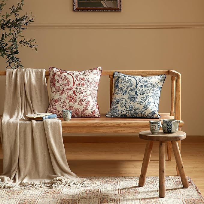 Designer Linen Square Throw Pillow Cover,Set of 2,18"x18"-Ruyi B | Vintage French Elegant Pillow Cover,Concealed Zipper Design,Blue Floral Pattern,Sofa,Bedroom,Living Room,Lounge Chairs
