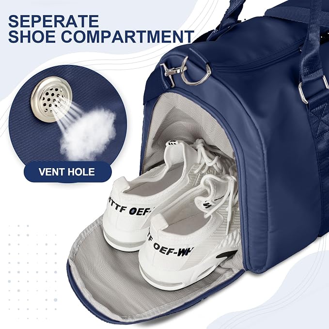 FIORETTO Womens Gym Tote Duffle Bag with Wet Pocket & Shoe Compartment, Sports Duffel Overnight Weekender Hospital Workout Carry on Bag for Girls, Ideal for Travel, Swimming, Dance, Ballet Navy Blue