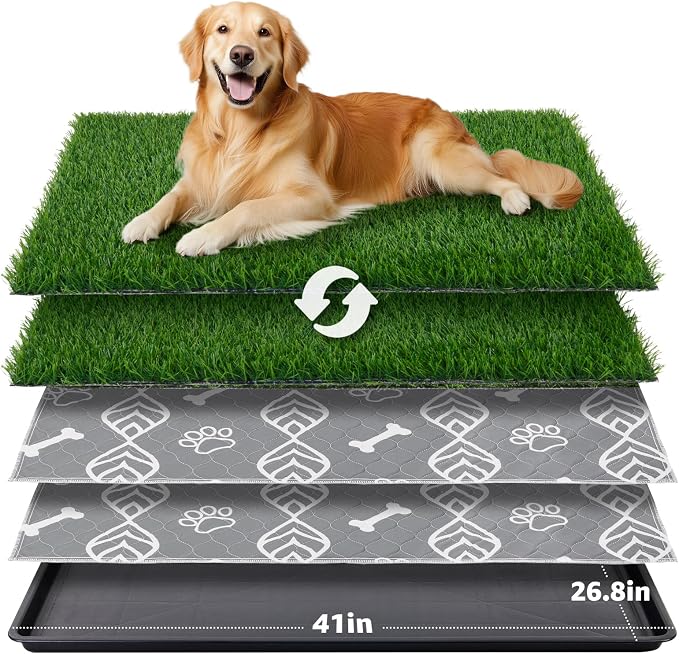 LOOBANI Large Dog Grass Pad with Tray - 41x27in for Balcony Apartment | Dog Potty with 2 Artificial Grass & 2 Washable Pee Pads for Replacement, Quick-Absorbency, Easy to Clean, Indoor/Outdoor Use