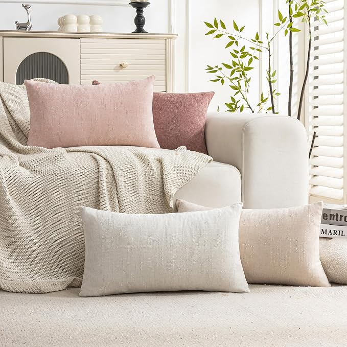 Set of 4 Soft Textured Decorative Throw Pillow Covers 12X20 Inch Cozy Farmhouse Cushion Cover Square Accent Pillow Cases for Bed Couch Sofa Living Room, White Beige Pink