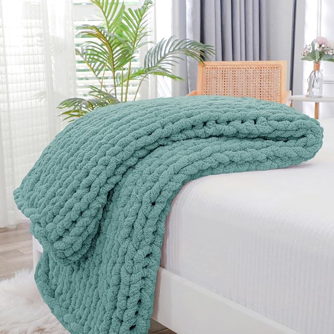 Bigacogo Chunky Knit Throw Blanket for Couch, 40x60 inches, Light Teal | Hand Knit with Jumbo Chenille, Soft Breathable Cable Knit for Sofa Bed Living Room, Machine Washable, Gift for Mom Friend