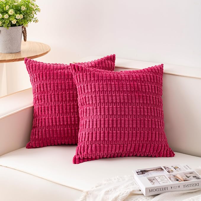 Pack of 2 Corduroy Decorative Throw Pillow Covers 18x18 Inch, Rose Red | Fall Soft Striped Pillow Covers Modern Farmhouse Home Decor Christmas Throw Pillow Covers for Sofa Living Room Couch Bed
