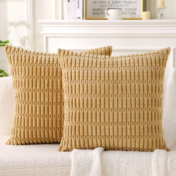 2 Pack Corduroy Decorative Throw Pillow with Inserts, 20x20 Inch Soft Boho Throw Pillow, Square Striped Throw Pillows for Couch, Bed, Sofa Decor (Golden Brown)