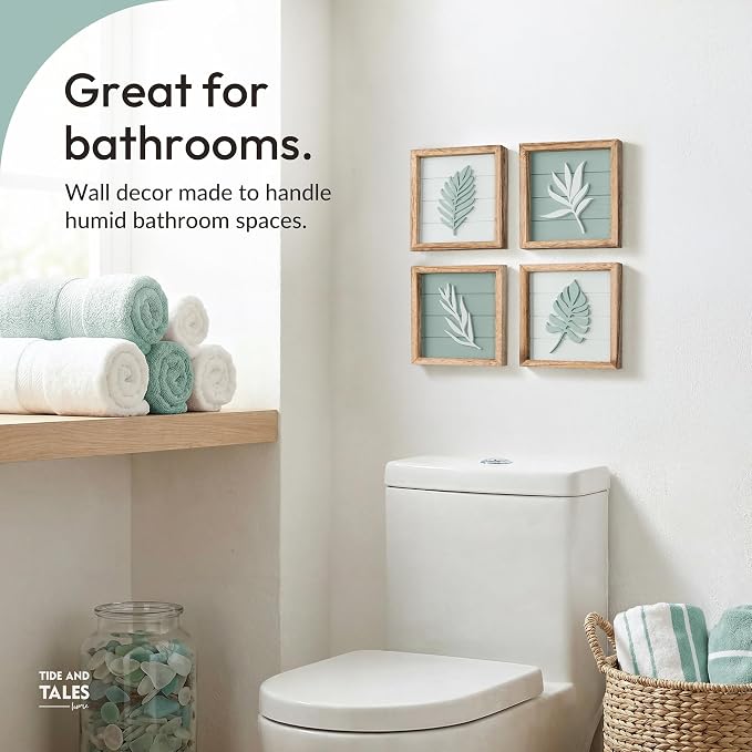 Tide and Tales 3d Sage Green Framed Wall Art, Set of 4, Bathroom Decor | 7" x 7", Lightweight Wood, Bathroom Wall Decor, Botanical Leaf Pictures for Bedroom, Office or Living Room, Hardware Included