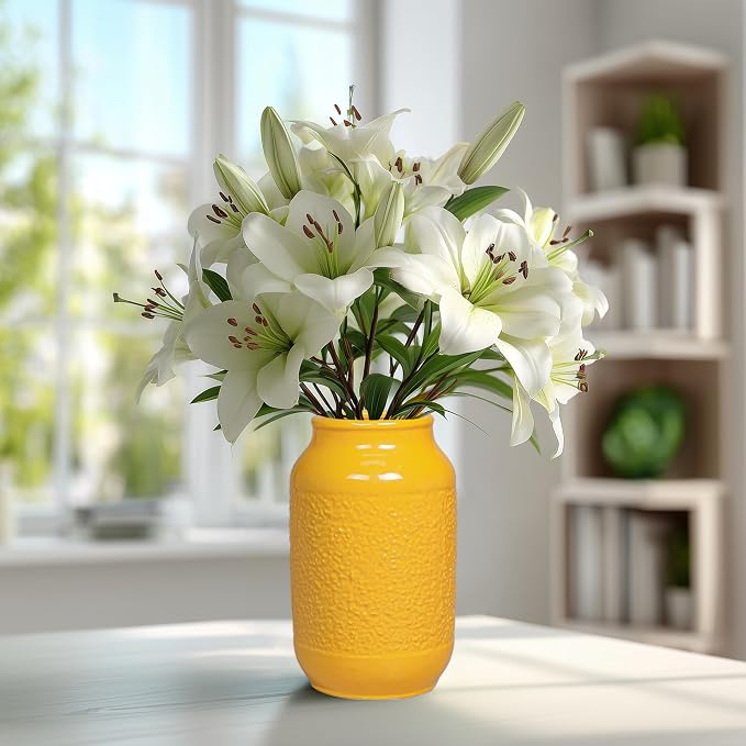 9 Inch Yellow Ceramic Vase for Flowers - Textured Mustard Round Cylinder Flower Vase - Modern Decorative Pottery - Boho Home Decor Centerpiece for Table, Bookshelf, Mantle, Fall Decoration