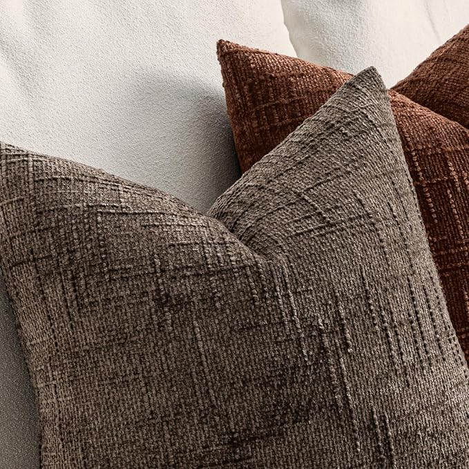 MIULEE Chenille Textured Fall Throw Pillow Covers Brown 20x20 Set of 2 | Slubby Decorative Pillows, Boho Farmhouse Rustic Home Decor, Modern Neutral Cushion Covers for Couch Sofa Bed Living Room