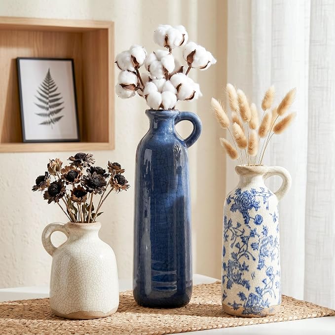 Ceramic Vase Set, 3Pcs Flower Vases for Modern Boho Farmhouse Decor, Decorative Vases for Pampas Grass & Dried Flowers, Distressed Finish