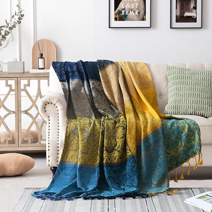 Bohemian Throw Blanket for Couch，Colorful Chenille Tassels Boho Woven Hippie Throw Blankets for Couch Bed Sofa Chair Recliner Loveseat , Bohemian Fringe Tassels Decor Home (Blue, Large 86102Inches)
