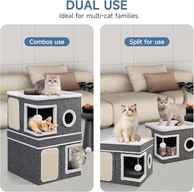 Shikha 2 Story Cat House beds for Indoor Cats with Scratch Pads Grey | 2 in 1 Dual Use Double Cat Bed Cave for Multiple Pets Kitten, Elevated Perch for a Wide View, All Season Reversible Cushion