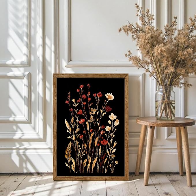 JLTULT Black Floral Wall Art, Vintage Wildflower Framed Canvas, 20 x 30 in | Black-background wildflower art on fade-resistant canvas with a ready-to-hang solid wood frame for bedrooms and bathrooms
