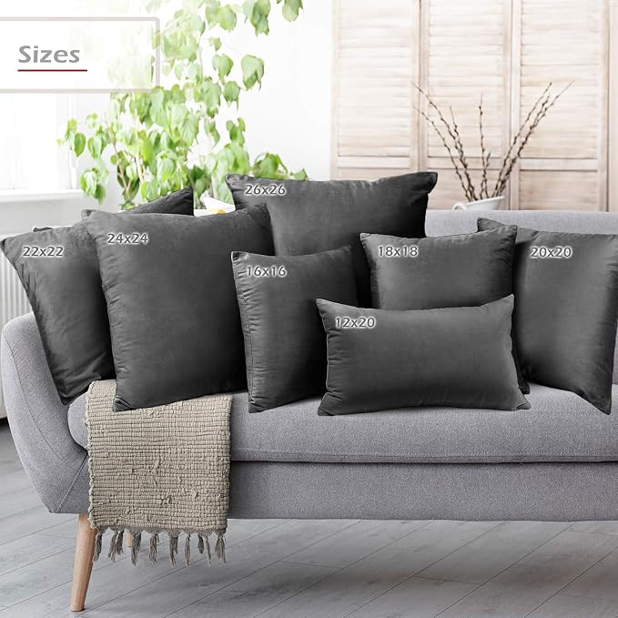 Nestl Throw Pillow Inserts Pack of 2 with Velvet Soft Solid Decorative Square Throw Pillow Covers Set for Sofa Couch Car Bedroom with 20X20 Throw Pillows Inserts with Cushion Covers, Charcoal Grey