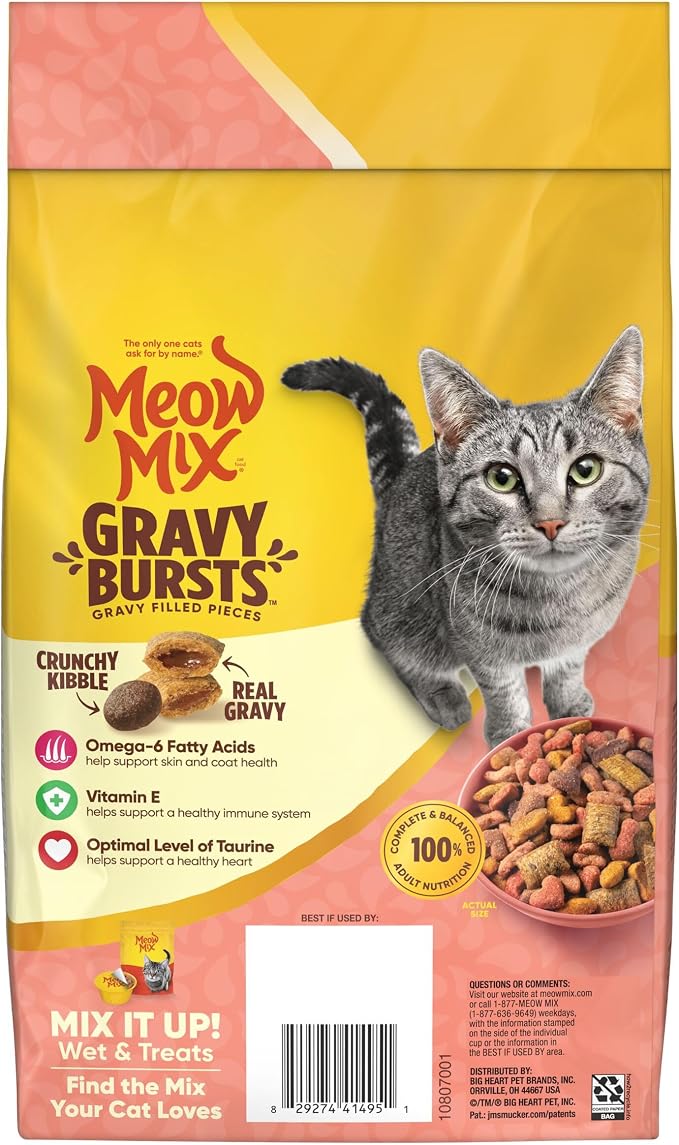 Meow Mix Gravy Bursts, Savory Salmon Flavor Kibble Mix, Gravy Filled Dry Cat Food, 3 lb. Bag (Pack of 2)