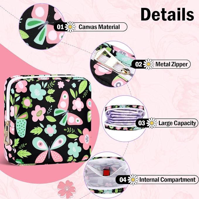 Period Pouch Discreet Sanitary Napkin Storage Bag Pad Bags | Menstrual Cup & Pad Holder, First Period Kit Storage, Feminine Bag for Women, Portable, Butterfly Print