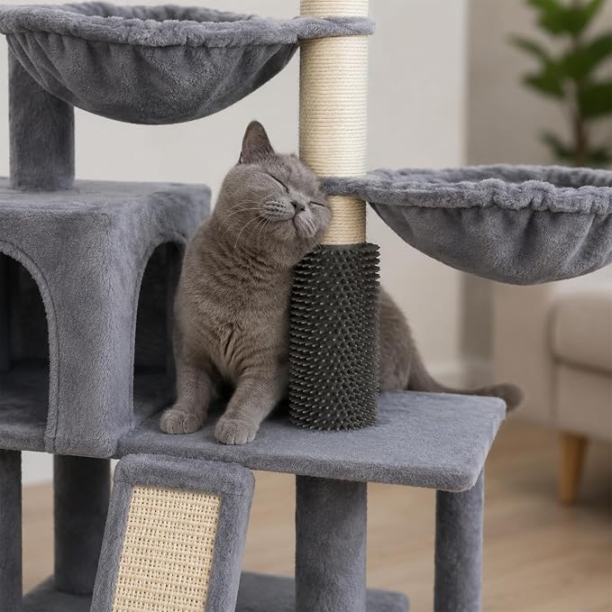 Smouatou Cat Tree with Cat Condo and Two Hammocks, Cat Tower with Scratching Posts and Scratching Pads Cat Toys, Grey