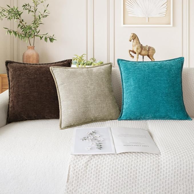 CaliTime Decorative Couch Throw Pillow Covers 22 X 22 Inches Light Taupe | Pack of 2, Cozy Chenille Cushion Cases, Cotton Thread Stitching Edges, for Sofa Bed Living Room Farmhouse