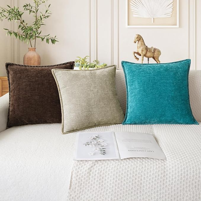 CaliTime Decorative Couch Throw Pillow Covers 16 X 16 Inches Coffee | Pack of 2, Cozy Chenille Cushion Cases, Cotton Thread Stitching Edges, for Sofa Bed Living Room Farmhouse