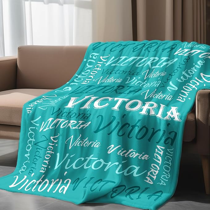 Personalized Cyan Theme Light Soft Flannel Fleece Throw Blanket with Name, Customized Gift for Men, Women, Boys, Girls, Kids